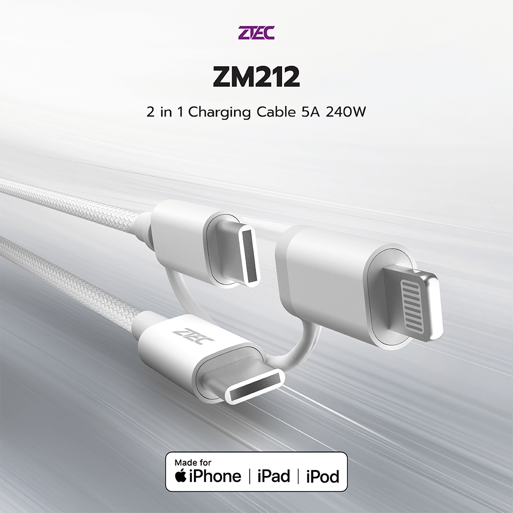 สายชาร์จไนลอนถัก  ZTEC ZM212 2 IN 1 สีขาว MFI 5A 240W USB-C TO USB-C & LIGHTNING